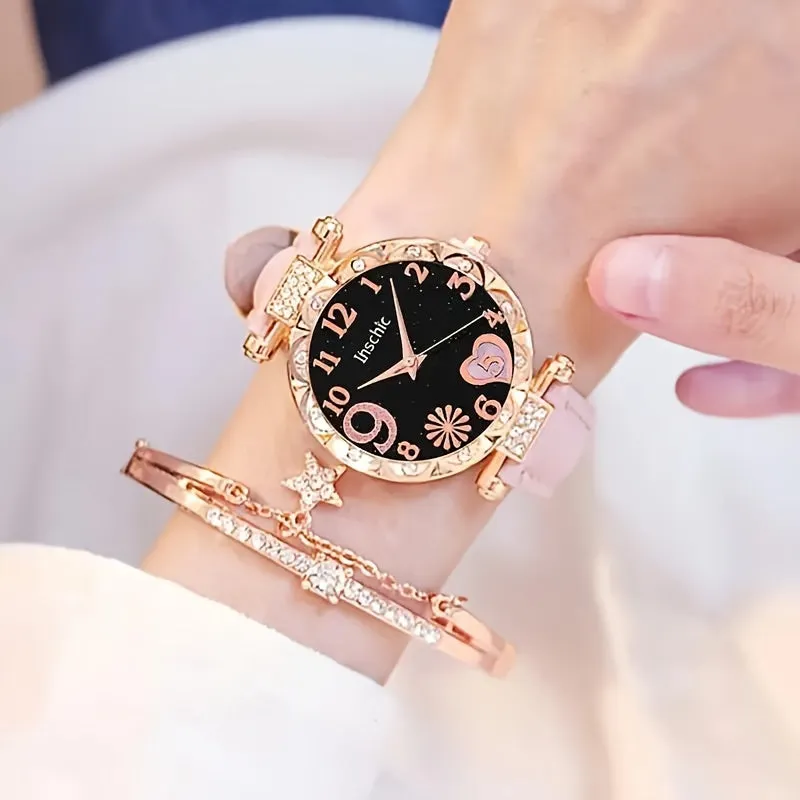 Chic 2pcs/set Heart-Shaped Rhinestone Womens Quartz Watch & Star Charm Bangle, Durable PU Leather Strap - Perfect Valentines Gift