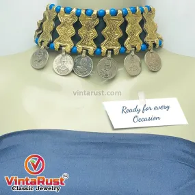 Choker Necklace With Golden Metal Motifs and Turquoise Beads