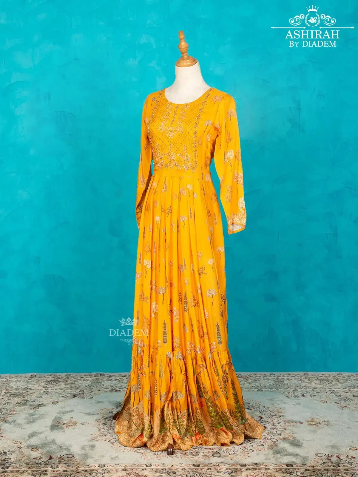 Chrome Yellow Long Kurti Adorned with Floral Prints and Sequins