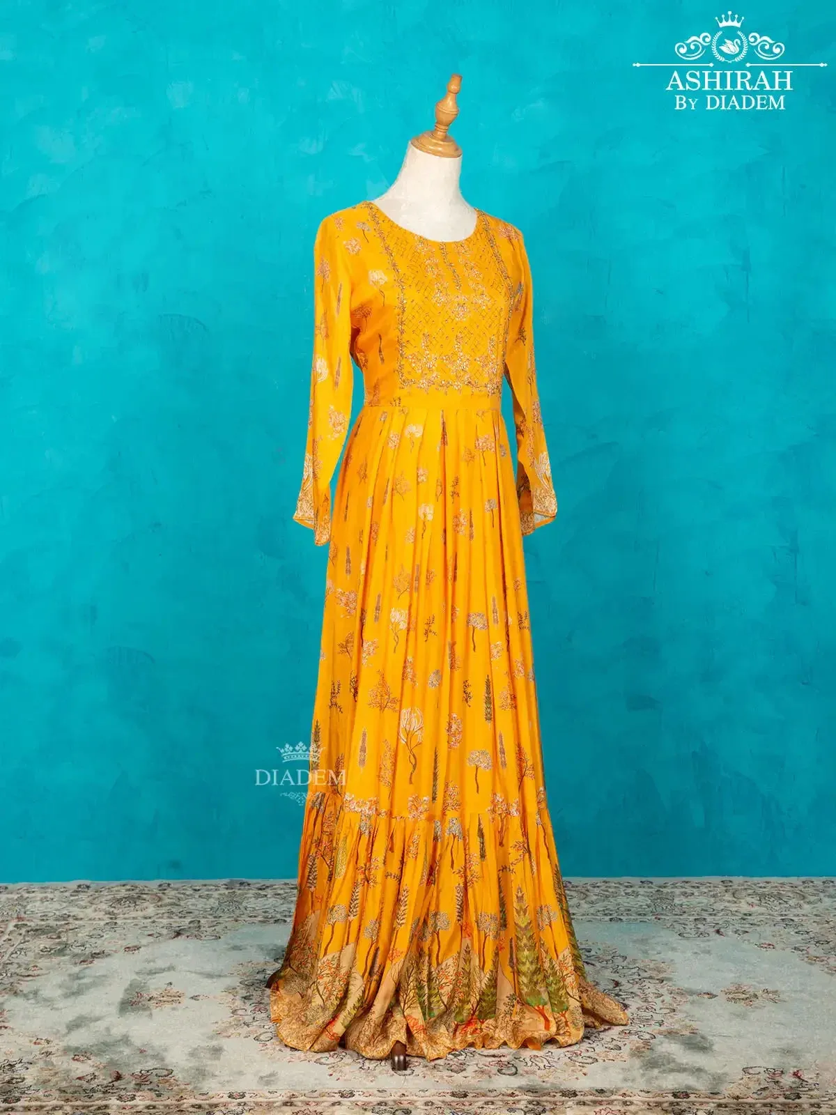 Chrome Yellow Long Kurti Adorned with Floral Prints and Sequins