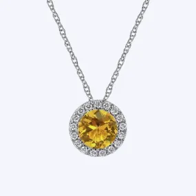 Citrine and Diamond Halo Pendant Necklace