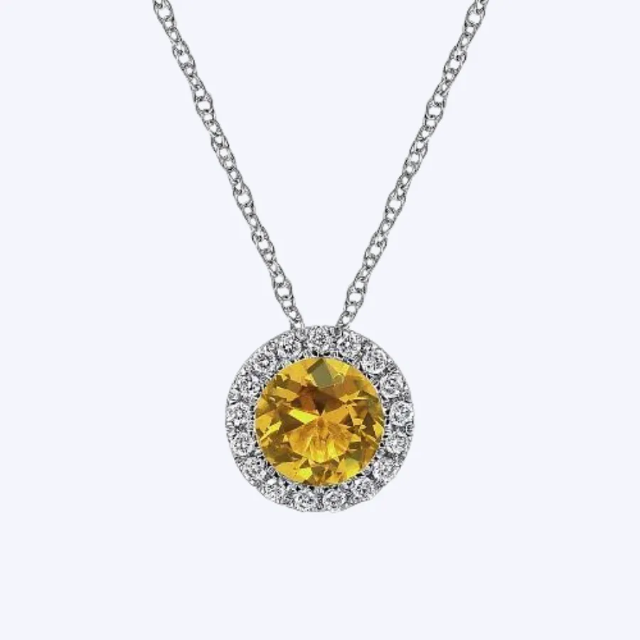 Citrine and Diamond Halo Pendant Necklace