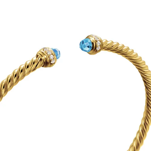 Classic Cablespira Bracelet in 18K Yellow Gold with Blue Topaz and Diamonds, 3mm