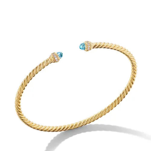 Classic Cablespira Bracelet in 18K Yellow Gold with Blue Topaz and Diamonds, 3mm