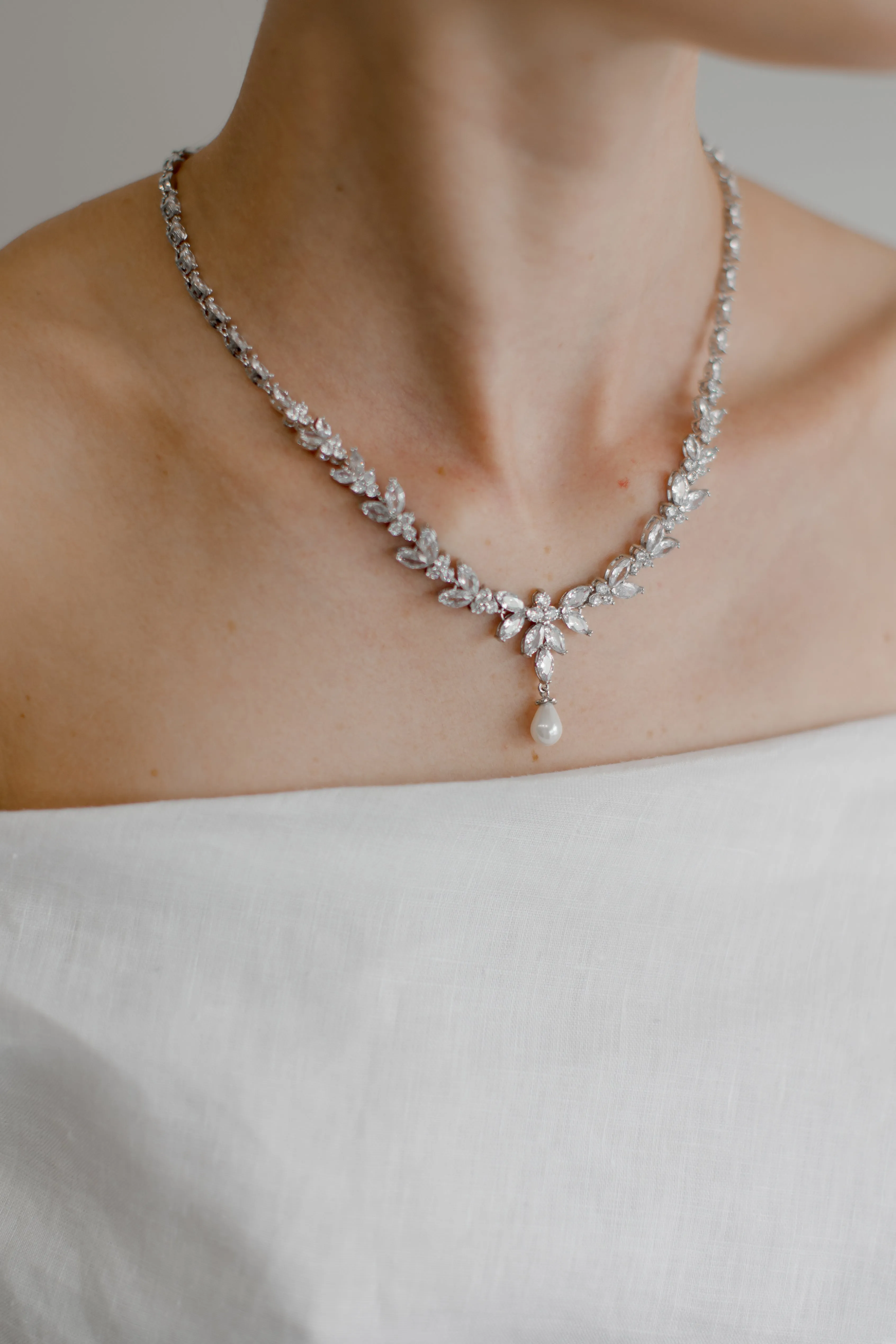 Courtney Pearl  - Statement Crystal and Pearl Bridal Necklace