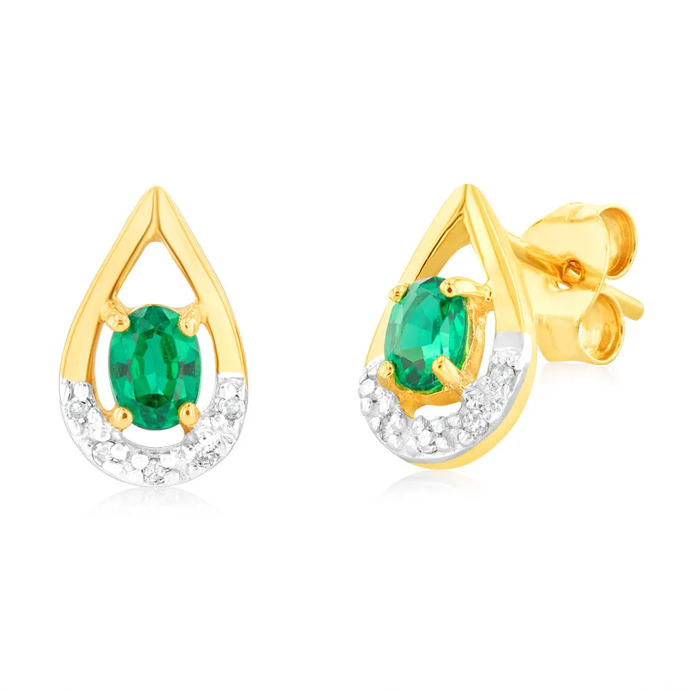 Created Oval 4x3mm Emerald & Diamond Stud Earrings in 9ct Yellow Gold