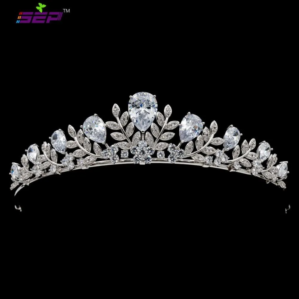 Cubic Zircon Wedding Bridal Royal Leaves Tiara Diadem Hair Jewelry CH10335