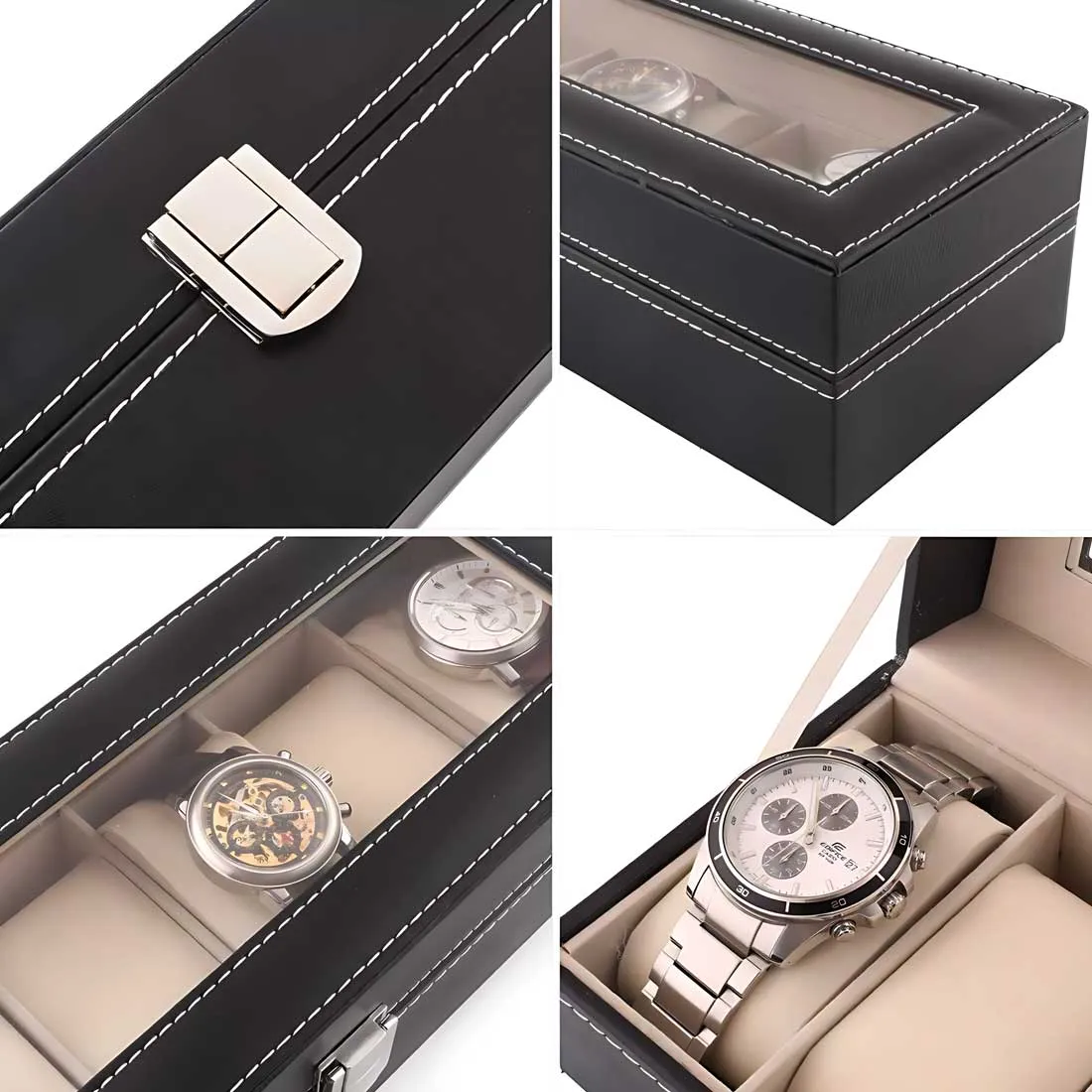 Custom Watch Box for Men - Black PU Leather Watch Organizer with 6 Slots