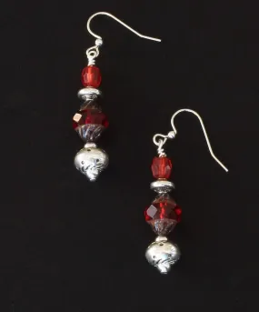 Czech Glass Ruby Red Turbine Beads with Faceted Glass Drum Beads and Sterling Silver