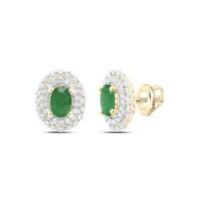 Diamond & Natural Emerald Solitaire Stud Earrings 14k Yellow Gold Screw Back