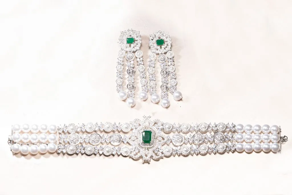 Dilara Choker Set - Green Emerald- Jaipur Rose Gold Plated Luxury Designer Indian Jewelry Online