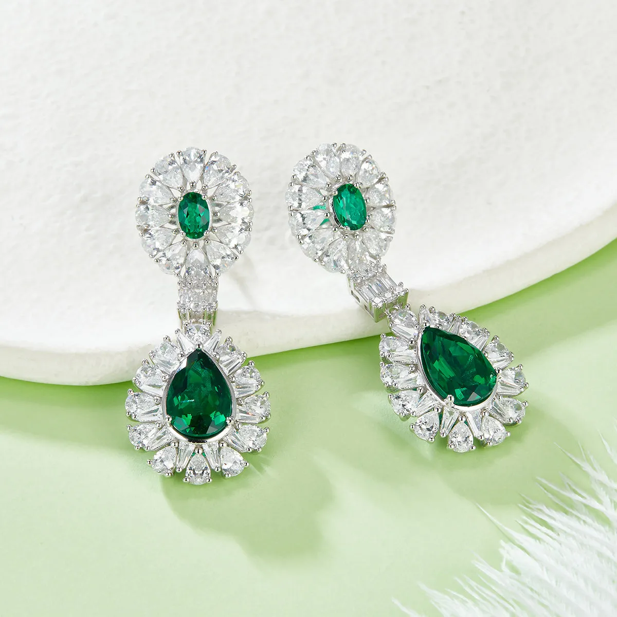 Elegant Double Halo Lab Created Emerald Drop Earrings in S925 Silver Plating