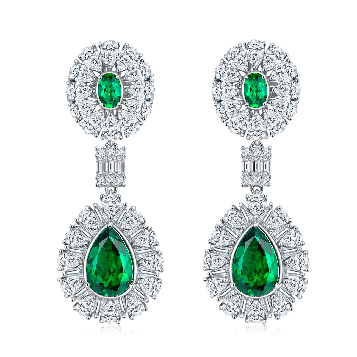 Elegant Double Halo Lab Created Emerald Drop Earrings in S925 Silver Plating