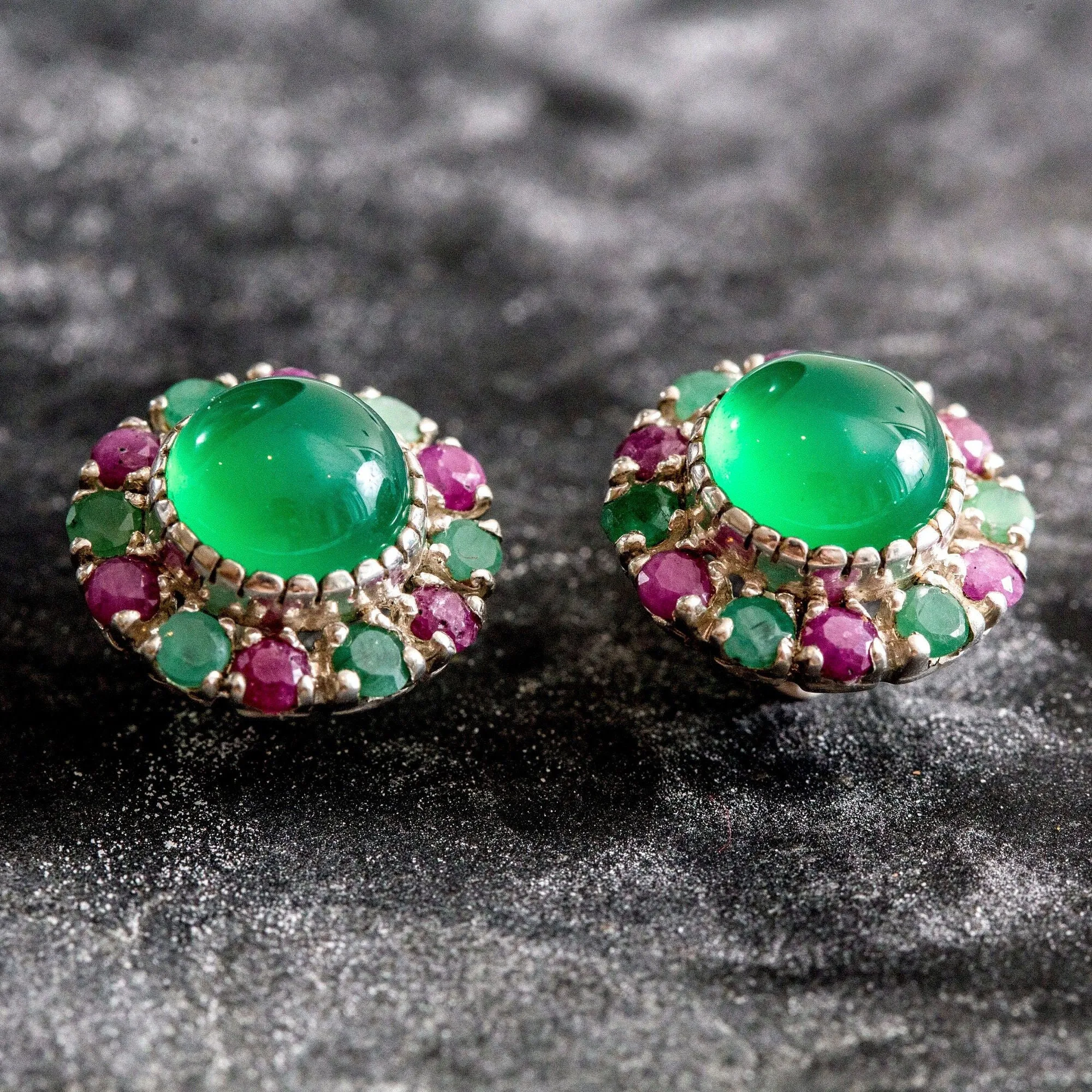 Emerald Flower Earrings - Ruby Victorian Earrings - Green Statement Earrings