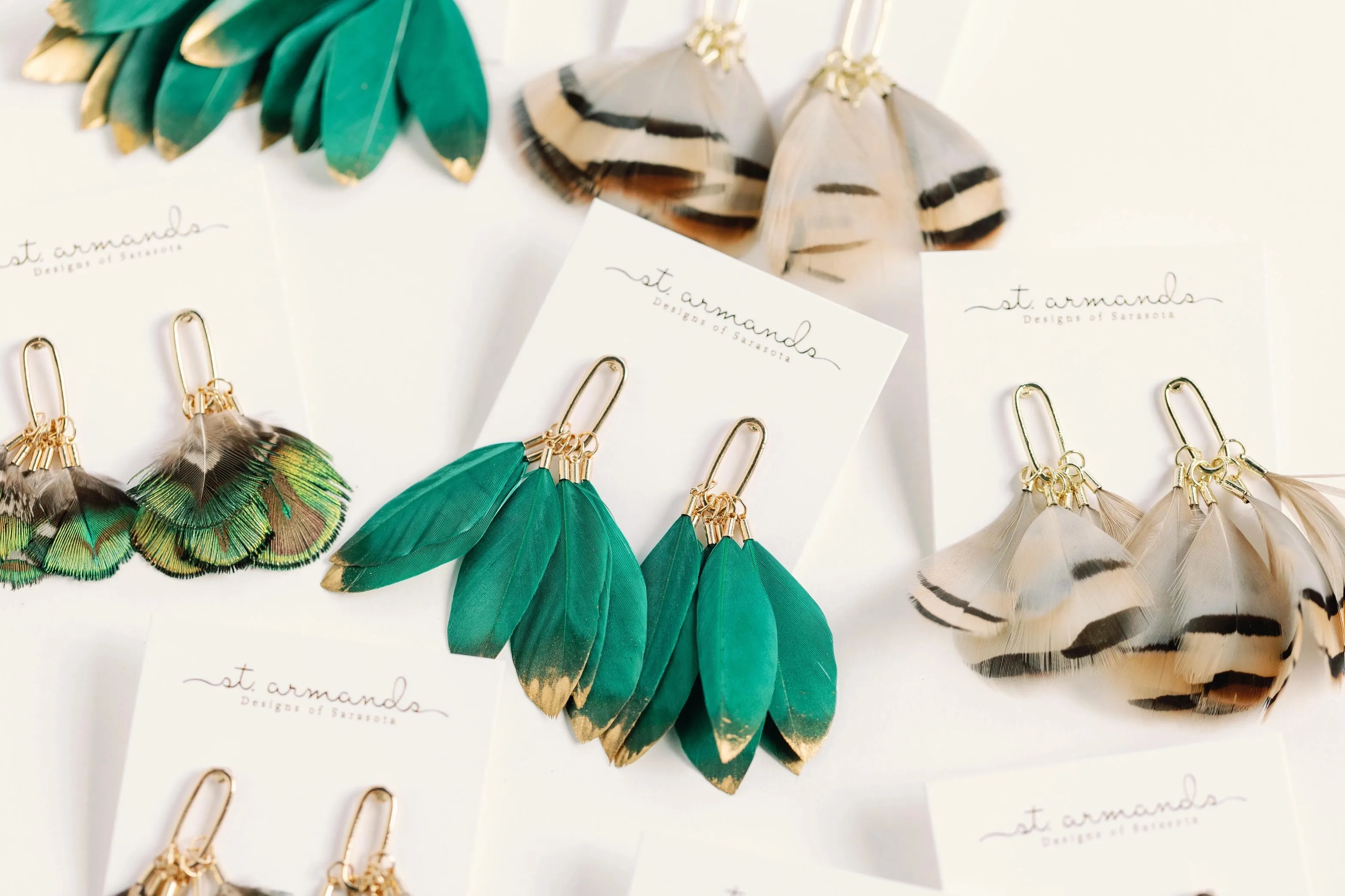 Emerald Gold Dipped Feather Tassel Earrings