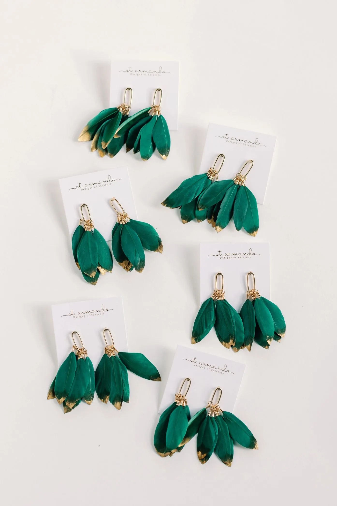 Emerald Gold Dipped Feather Tassel Earrings