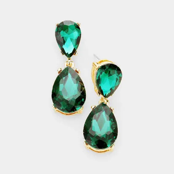 Emerald Green Crystal Double Teardrop Gold Earrings