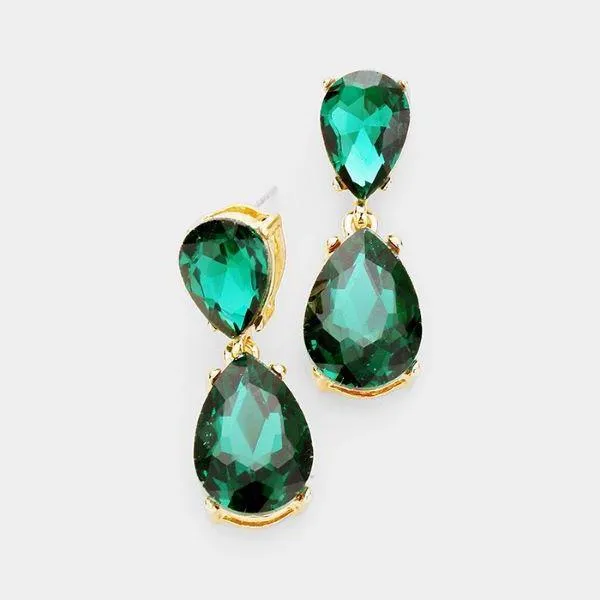 Emerald Green Crystal Double Teardrop Gold Earrings