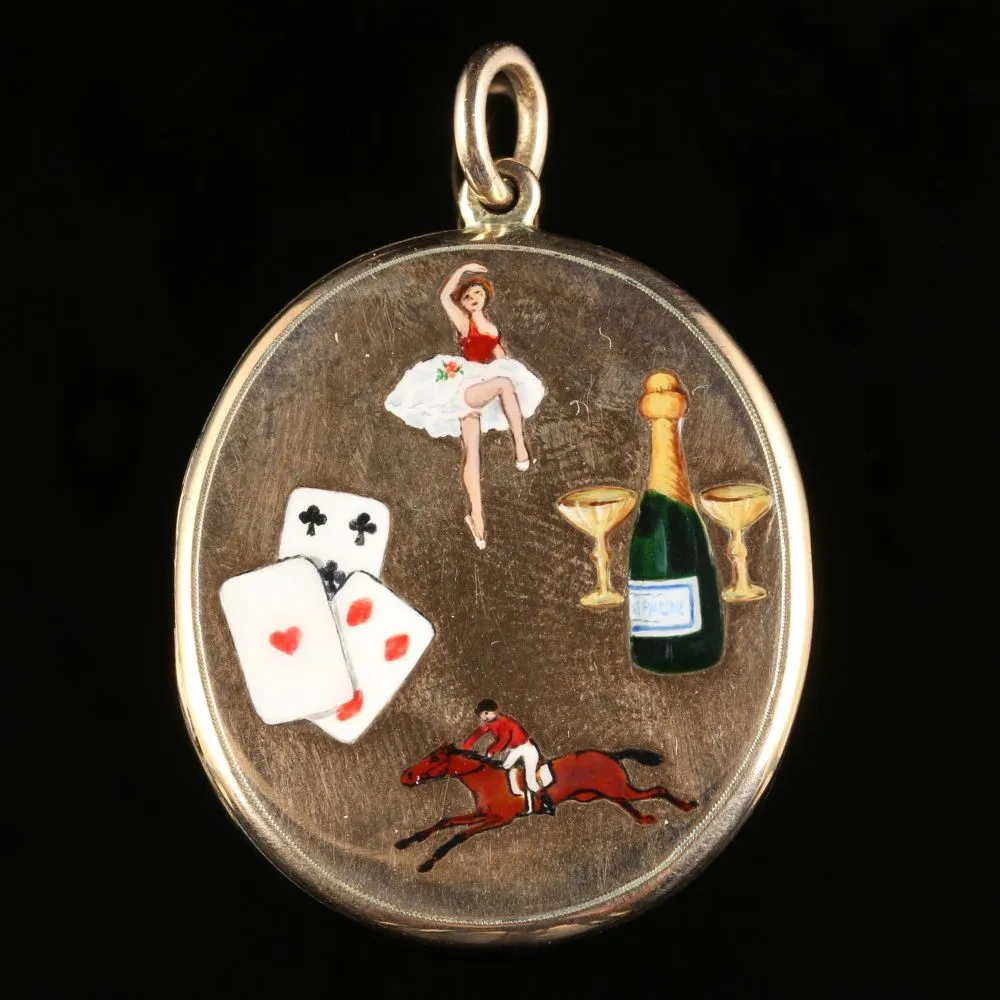 Enamel Gold Locket Collectable The Four Vices Cards Gambling Women Sport