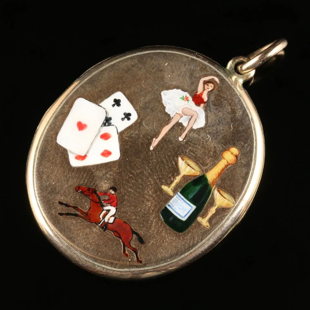 Enamel Gold Locket Collectable The Four Vices Cards Gambling Women Sport