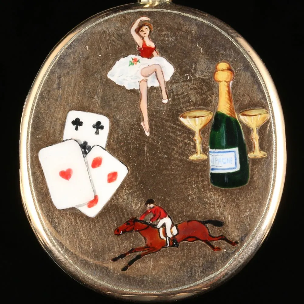 Enamel Gold Locket Collectable The Four Vices Cards Gambling Women Sport