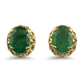 Estate 14k Yellow Gold Oval Emerald Stud Earrings