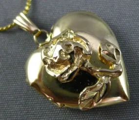 ESTATE 14KT YELLOW GOLD 3D LEAF FLOWER HEART LOCKET FLOATING PENDANT & CHAIN