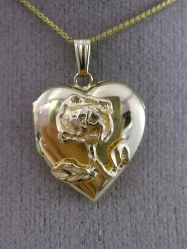 ESTATE 14KT YELLOW GOLD 3D LEAF FLOWER HEART LOCKET FLOATING PENDANT & CHAIN