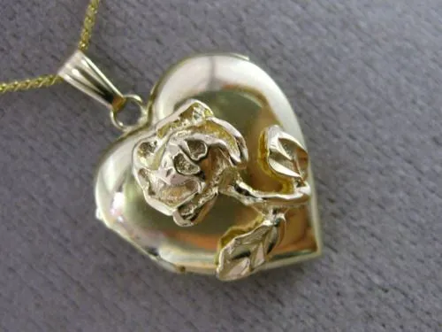 ESTATE 14KT YELLOW GOLD 3D LEAF FLOWER HEART LOCKET FLOATING PENDANT & CHAIN