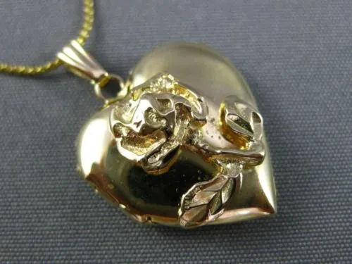 ESTATE 14KT YELLOW GOLD 3D LEAF FLOWER HEART LOCKET FLOATING PENDANT & CHAIN