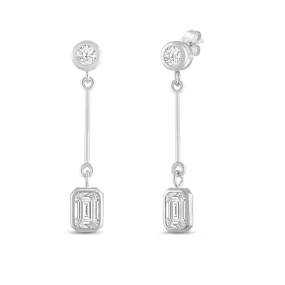 Everyday Elegance 14K White Gold Bar Stud Earrings | Round Cubic Zirconia Stud 0.25 CT (4mm) & Emerald CZ drop 1CT (7mm) | With Gift Box