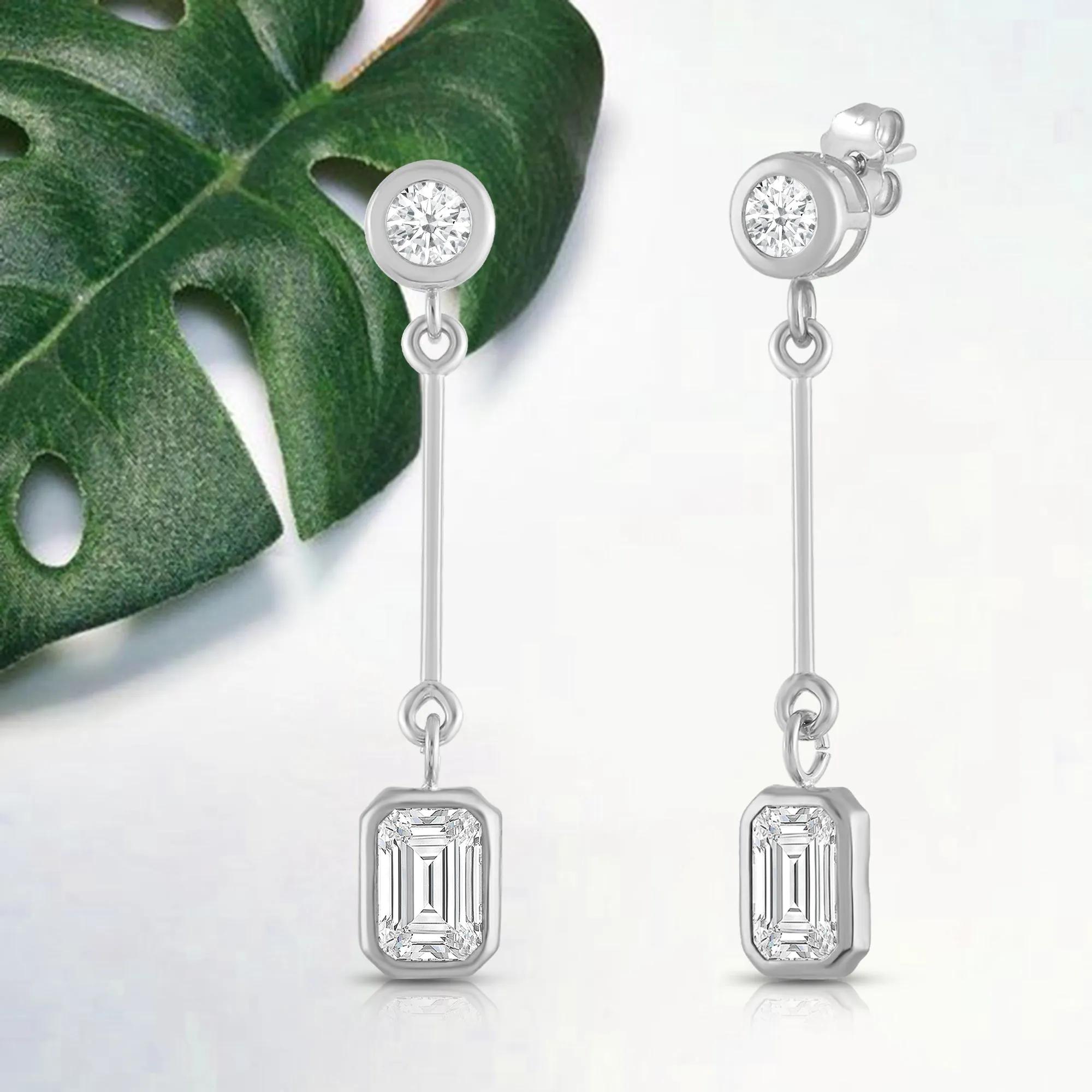 Everyday Elegance 14K White Gold Bar Stud Earrings | Round Cubic Zirconia Stud 0.25 CT (4mm) & Emerald CZ drop 1CT (7mm) | With Gift Box