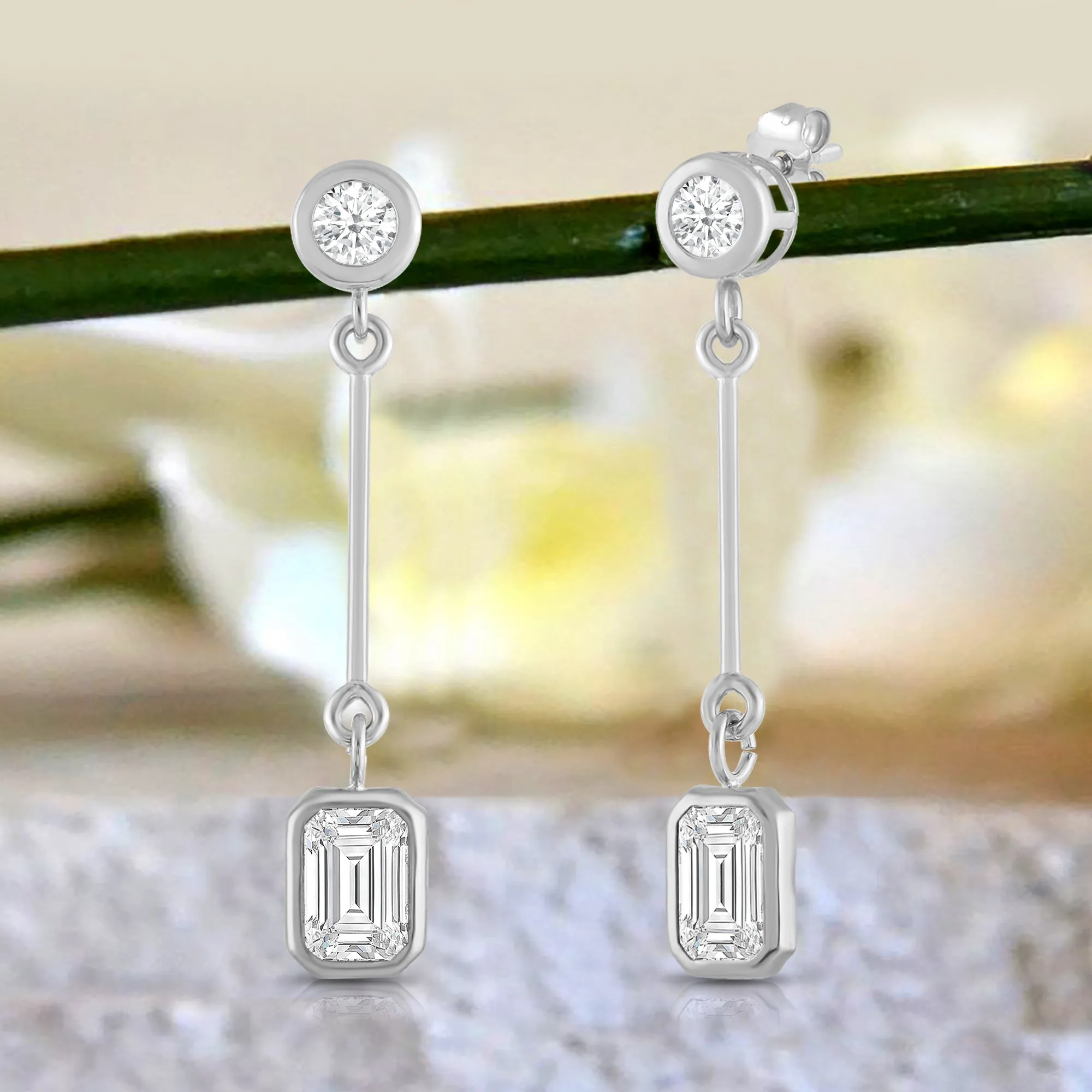 Everyday Elegance 14K White Gold Bar Stud Earrings | Round Cubic Zirconia Stud 0.25 CT (4mm) & Emerald CZ drop 1CT (7mm) | With Gift Box