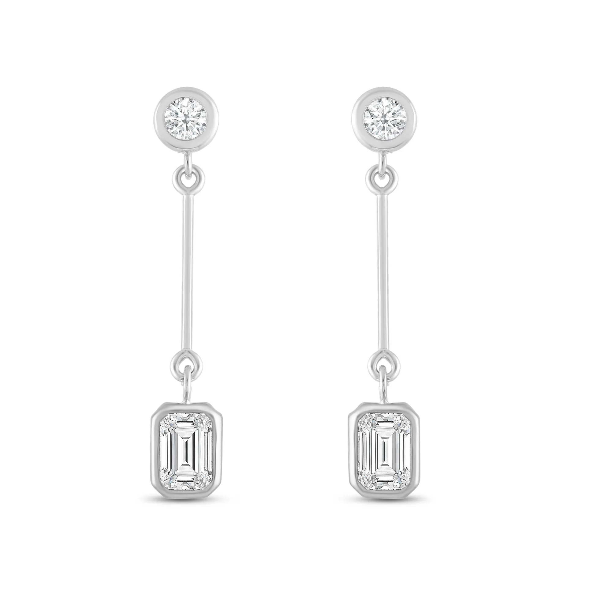 Everyday Elegance 14K White Gold Bar Stud Earrings | Round Cubic Zirconia Stud 0.25 CT (4mm) & Emerald CZ drop 1CT (7mm) | With Gift Box