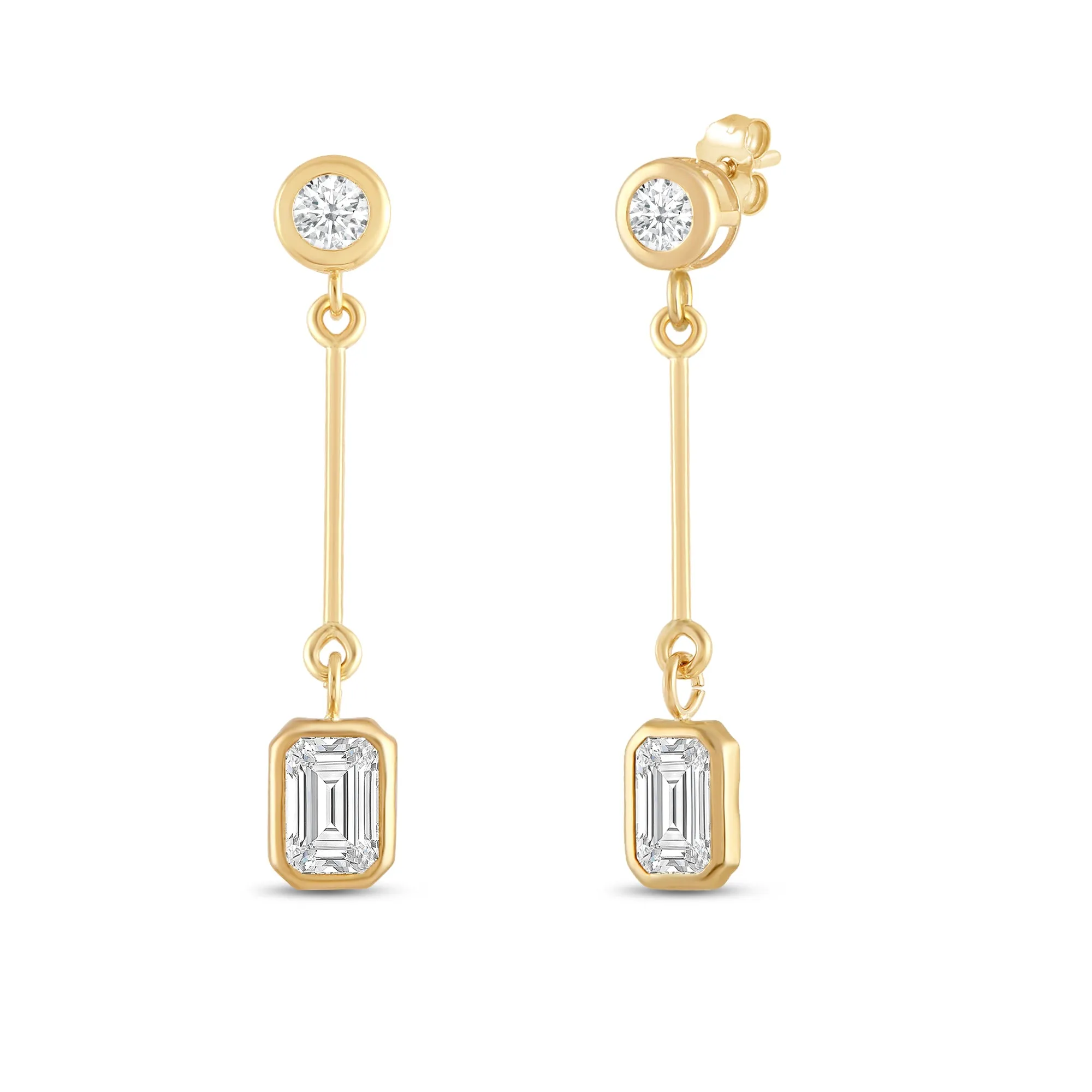 Everyday Elegance 14K Yellow Gold Bar Stud Earrings | Round Cubic Zirconia Stud 0.25 CT (4mm) & Emerald CZ drop 1CT (7mm) | With Gift Box