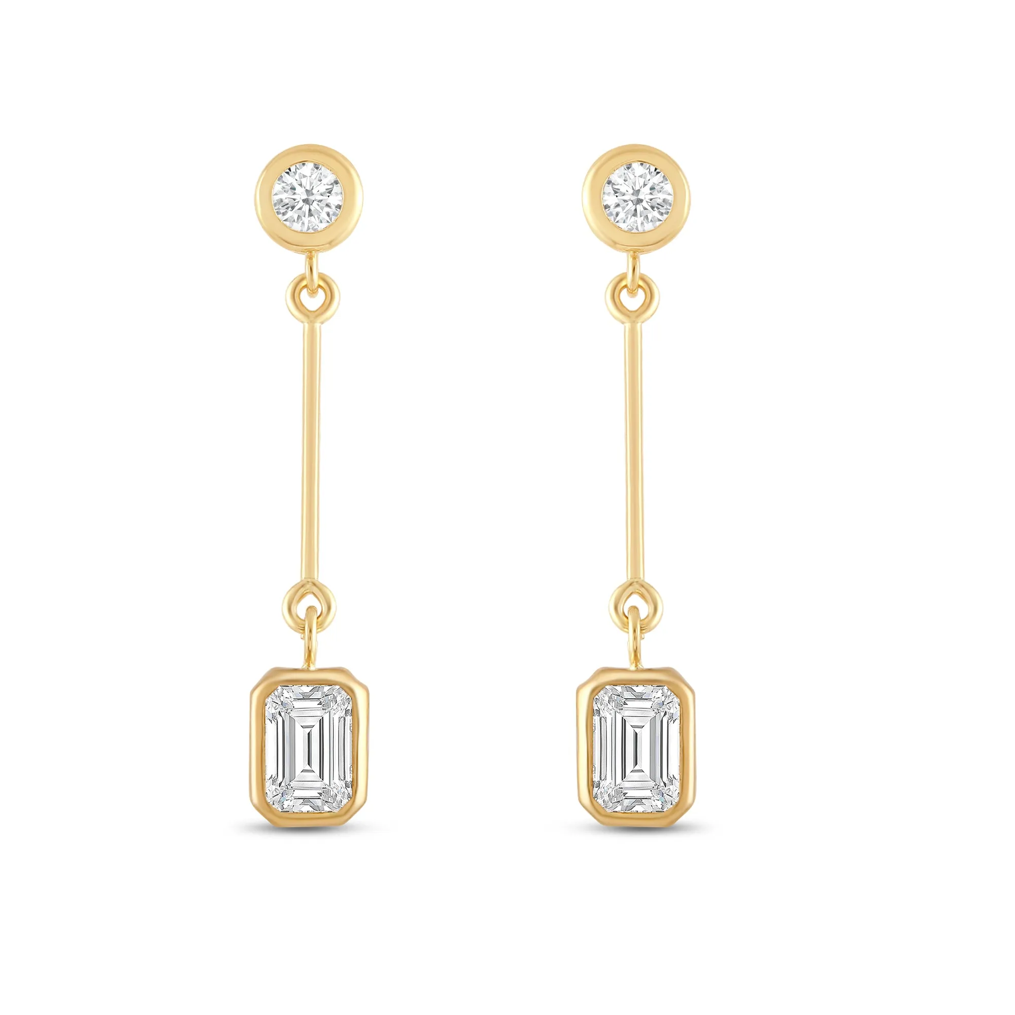 Everyday Elegance 14K Yellow Gold Bar Stud Earrings | Round Cubic Zirconia Stud 0.25 CT (4mm) & Emerald CZ drop 1CT (7mm) | With Gift Box