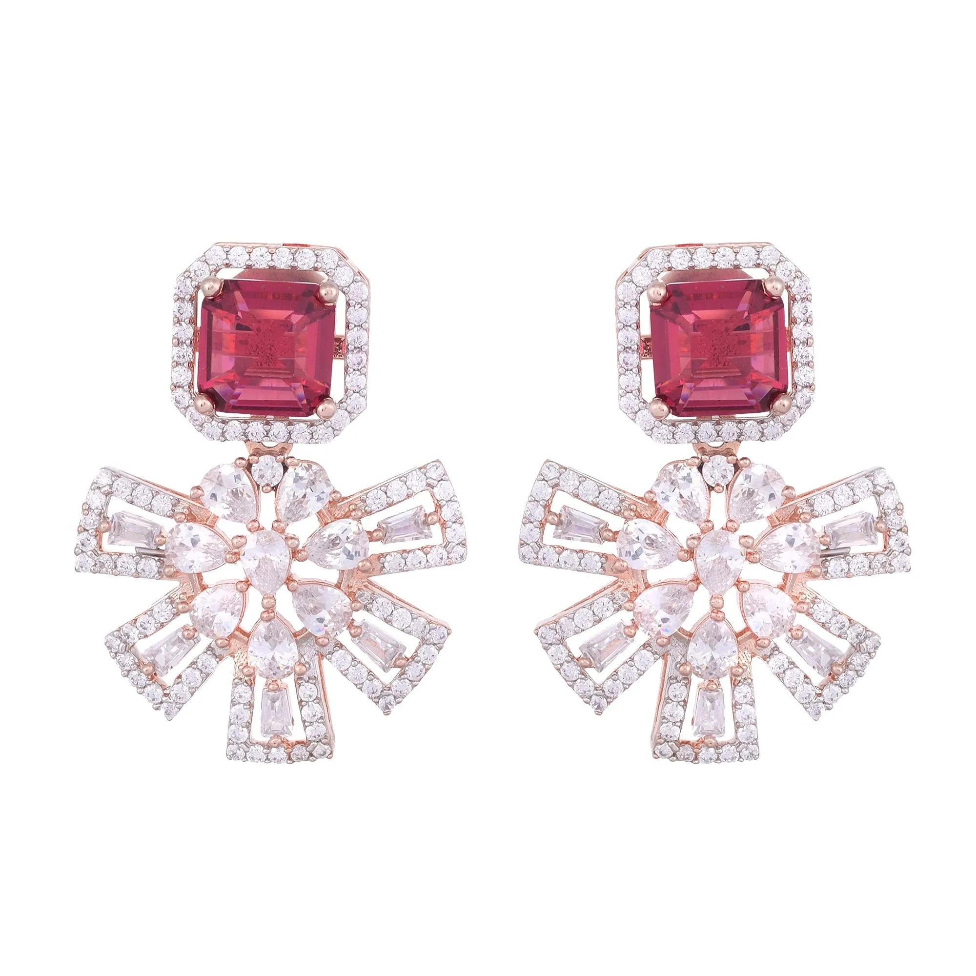 Exquisite Ruby Floral Design Red Earrings Rose Gold Plated American Diamond Studded for Women and Girls - Saraf RS Jewellery