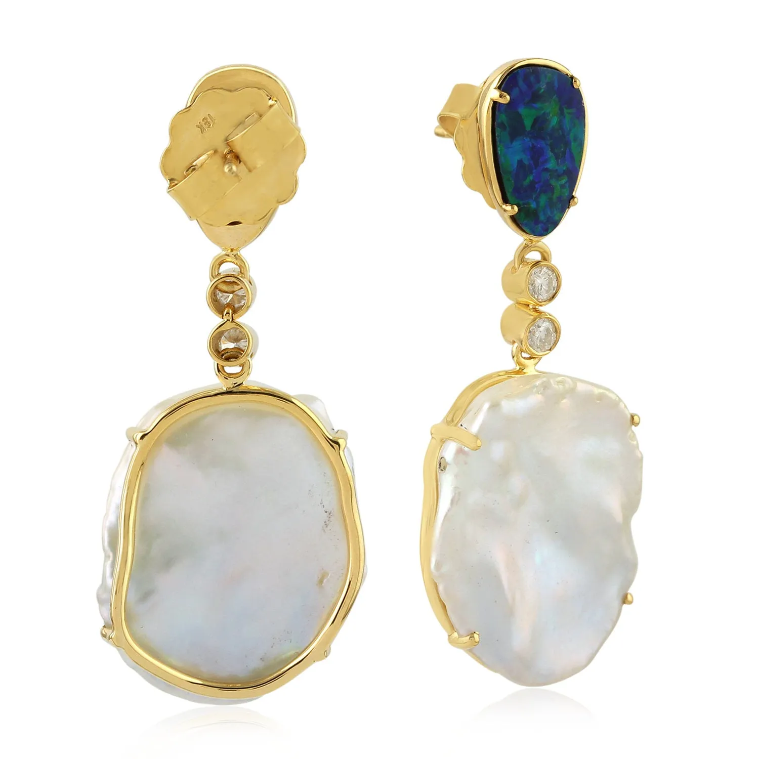 Flat Pearl Chiness Prong Opal Doublet Bezel Diamond Antique Dangler In 18K Solid Gold Jewelry