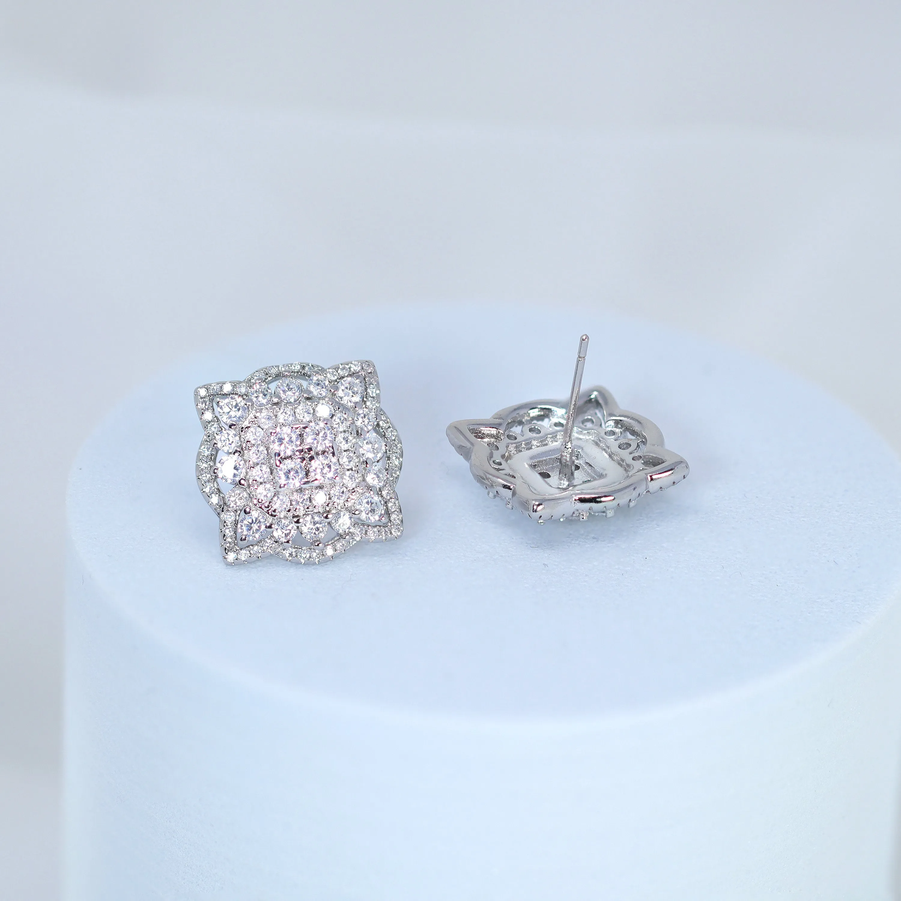 Floral Square Mandala CZ Diamond Earrings, Bridal Jewelry, Bridal Stud Earrings, Crystal Bridal Earrings, Statement Earrings Cz