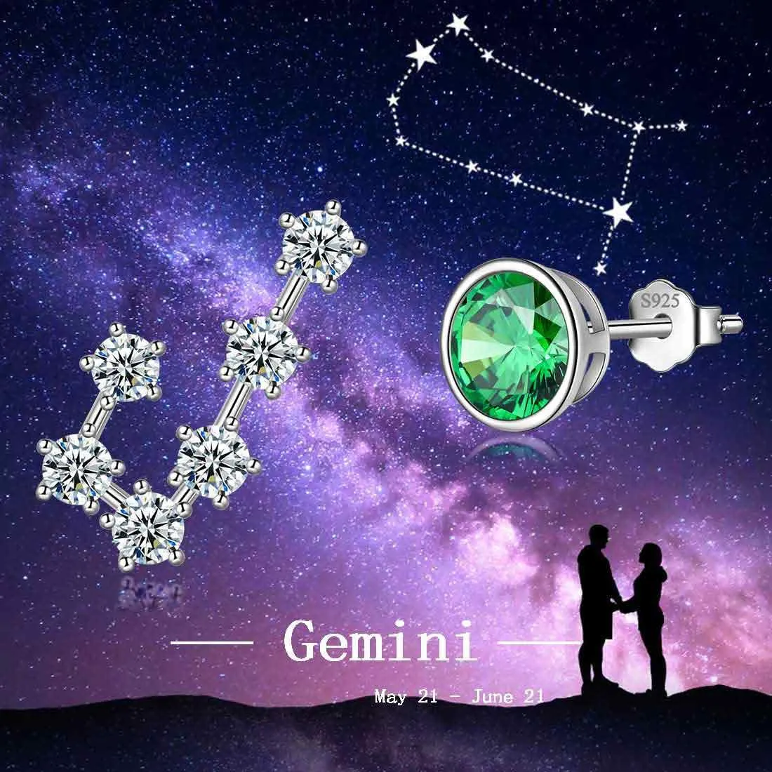 Gemini Earrings May Birthstone Zodiac Studs Women Girls Jewelry Birthday Gift