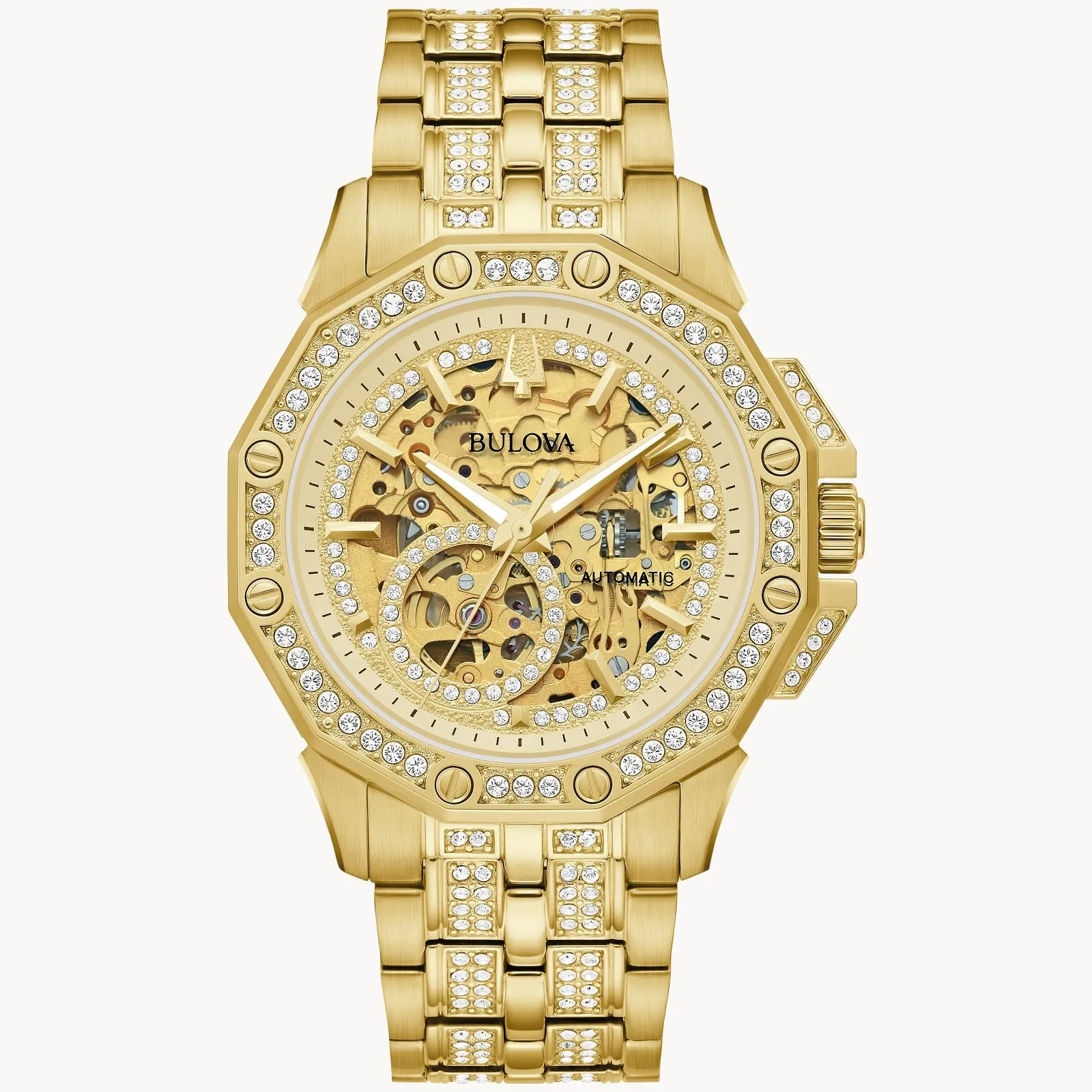 Gent's Gold Tone Bulova "Octava" with Skeleton Dial & Crystal Bezel/Bracelet/Dial