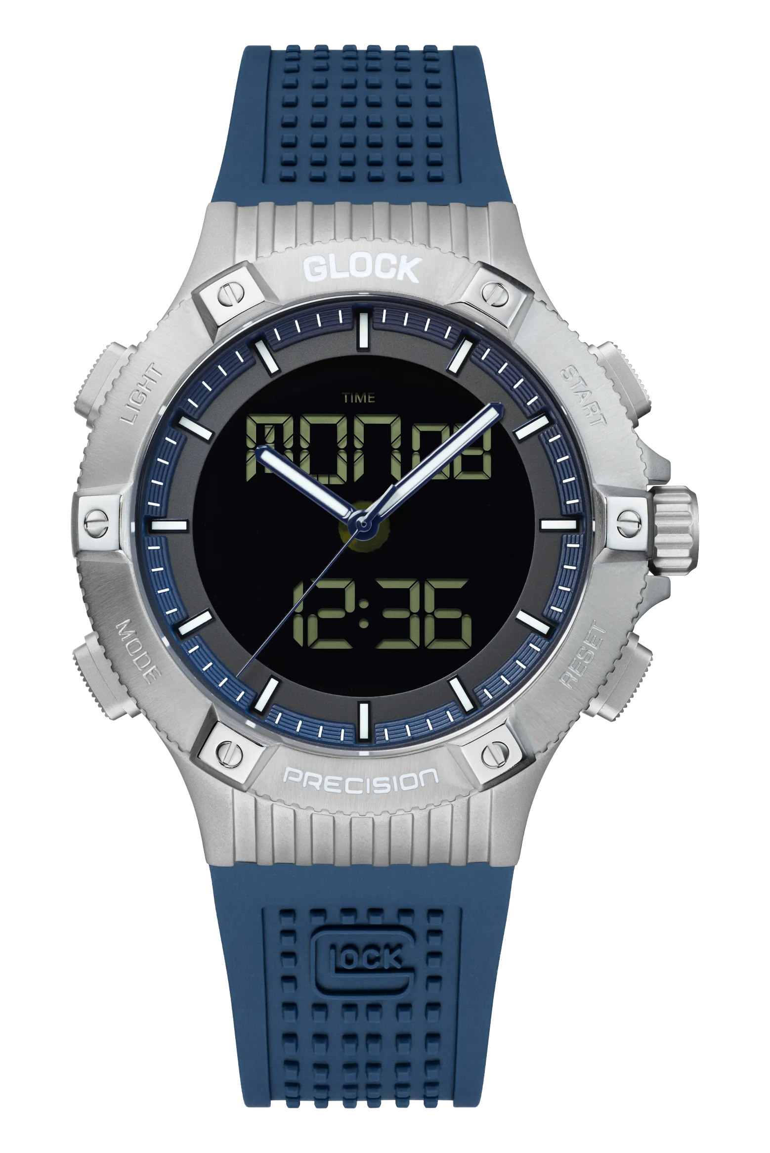 Gents Silver-Tone Steel Glock Watch with Digital Dial