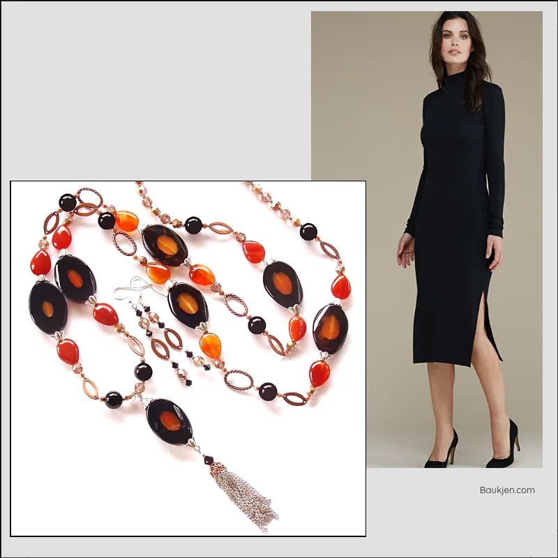 Giselle: Long Pendant Necklace in Orange and Black