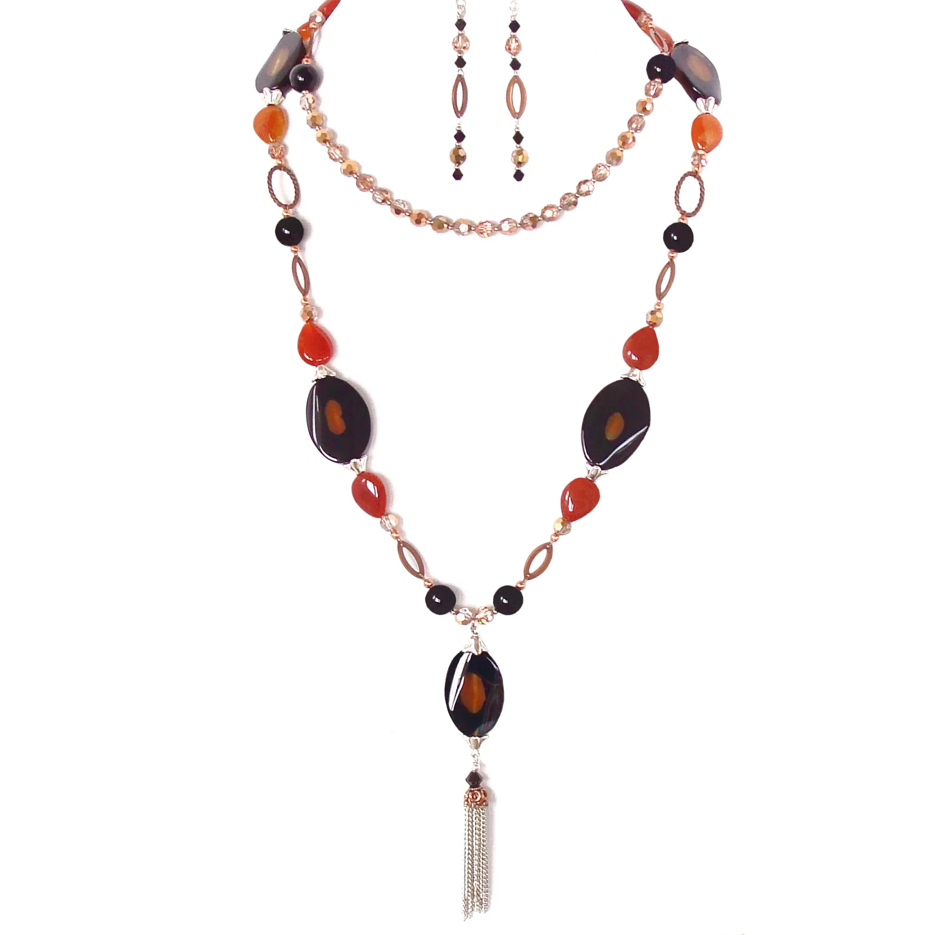 Giselle: Long Pendant Necklace in Orange and Black