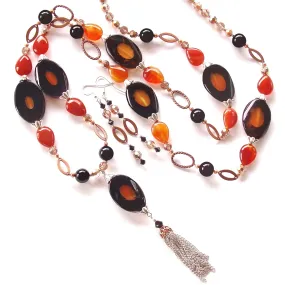 Giselle: Long Pendant Necklace in Orange and Black