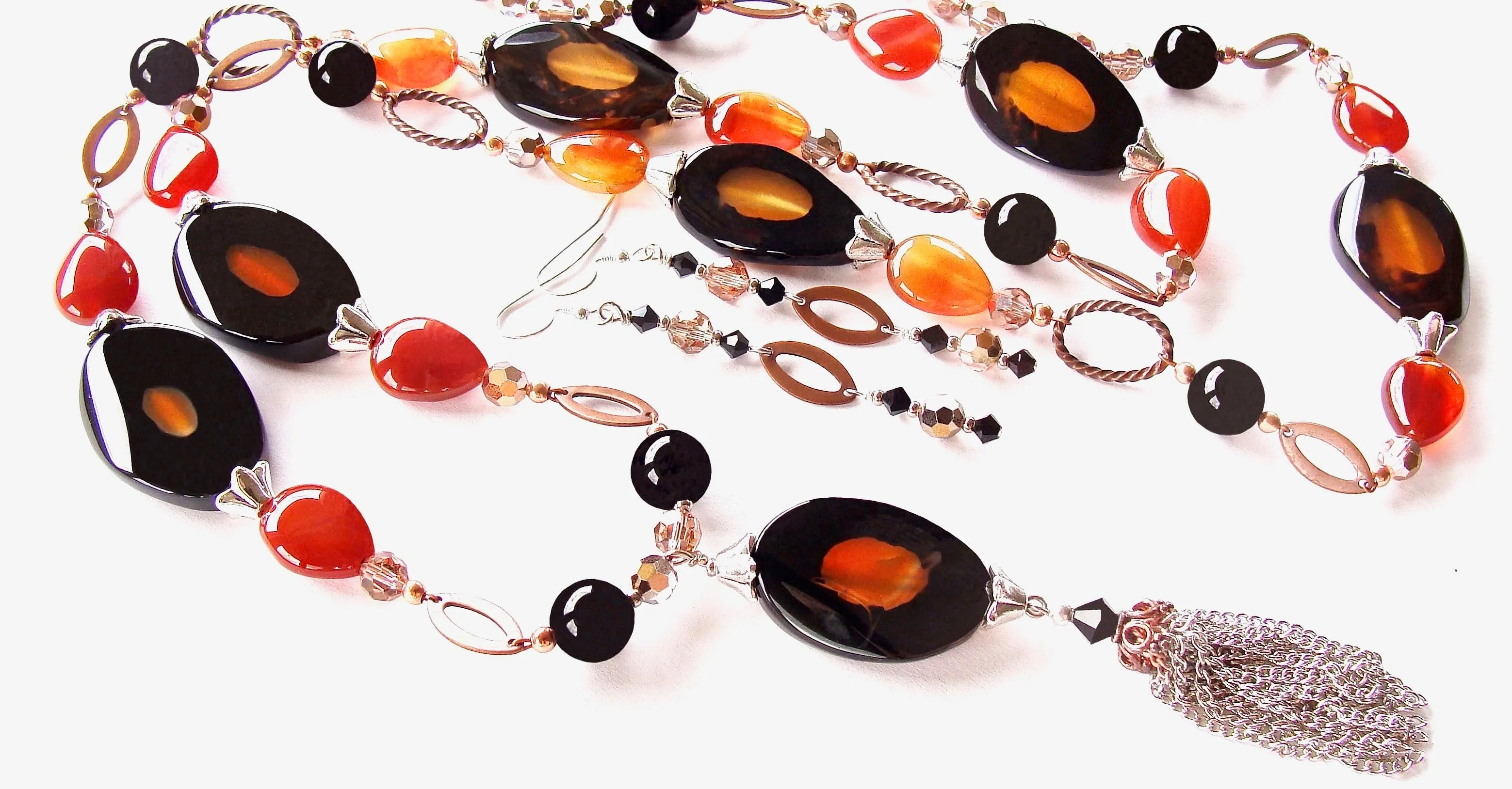 Giselle: Long Pendant Necklace in Orange and Black