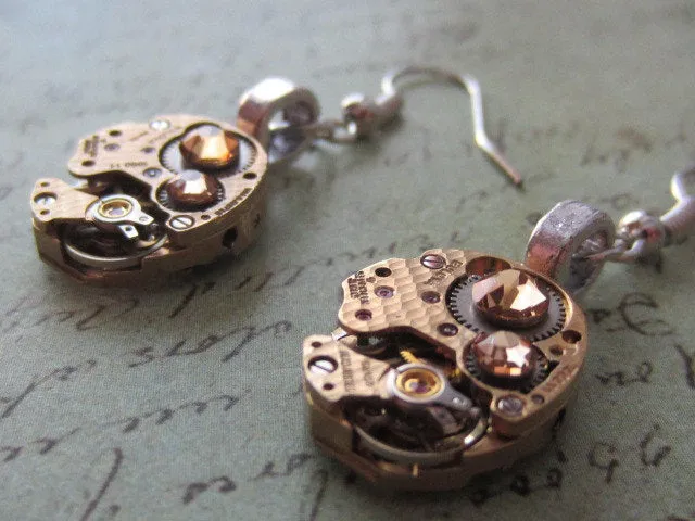 Gold Bulova  - Steampunk Earrings - Watch Movements -  Repurposed art