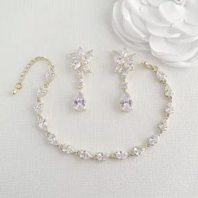 Gold Floral Earrings and Teardrop Bracelet Set for Weddings-Ivy