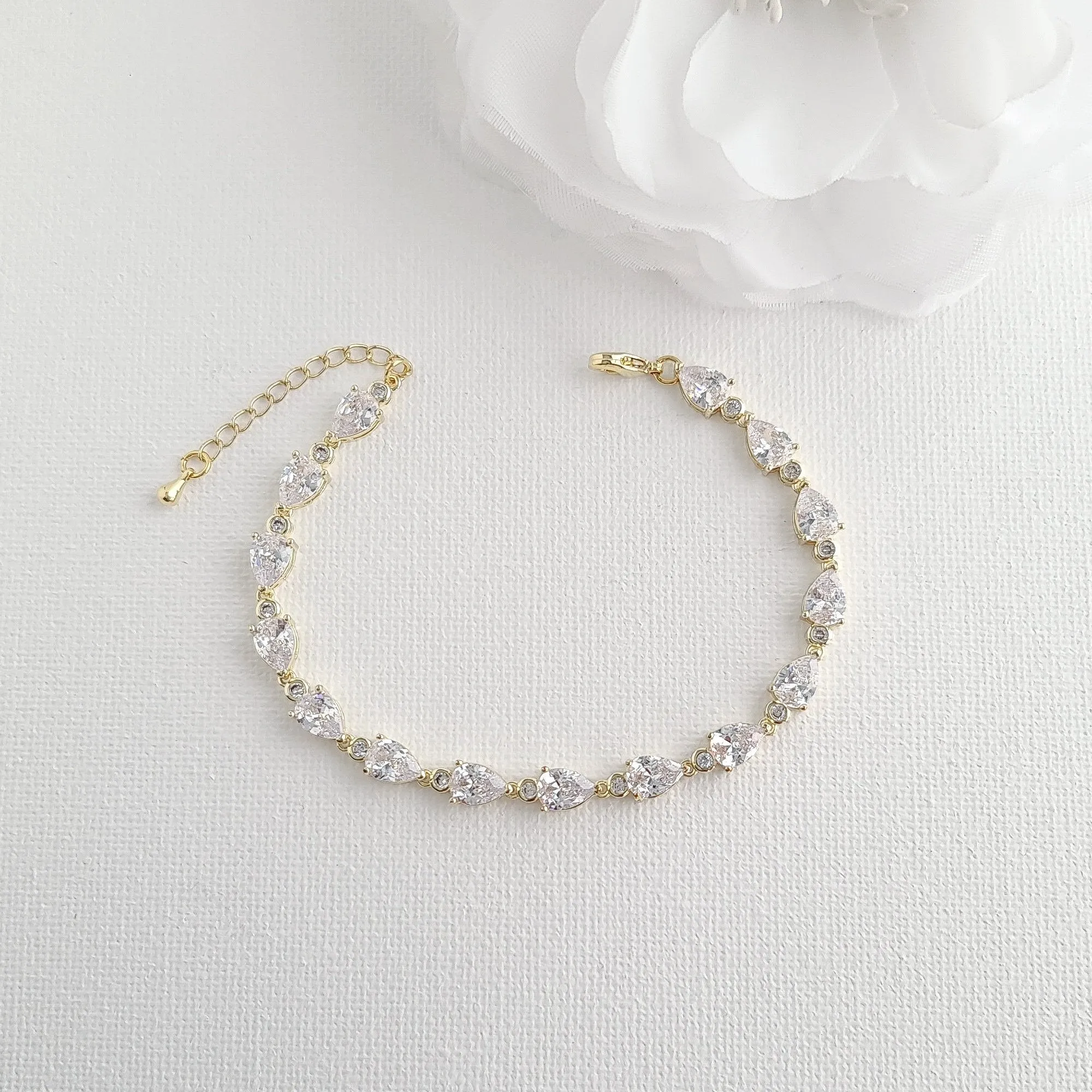 Gold Floral Earrings and Teardrop Bracelet Set for Weddings-Ivy