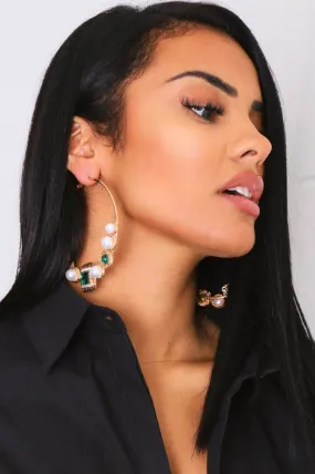 Gold Pearl and Emerald Encrusted Hoop Earrings - Fraidy